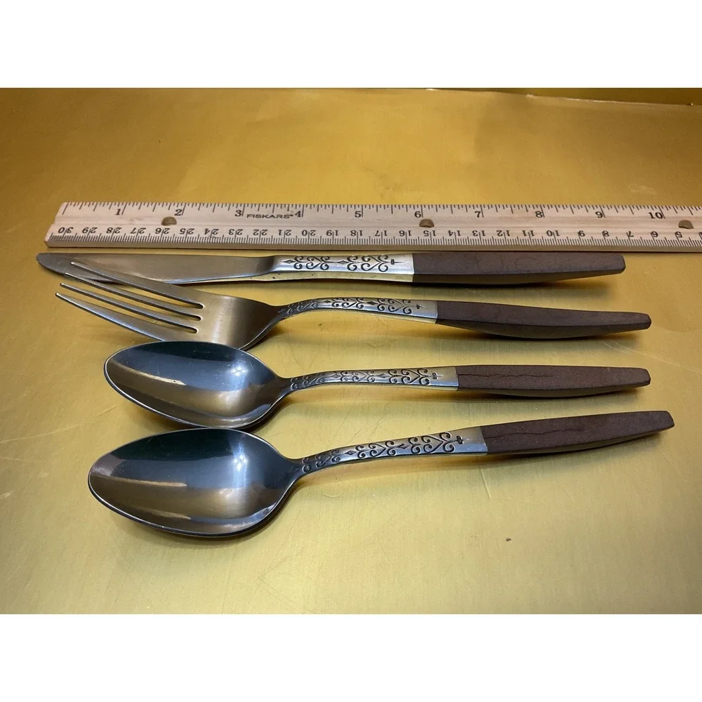 Interpur Japan Stainless Flatware Brown Faux Wood Handle Scroll 4pc Set Spoons